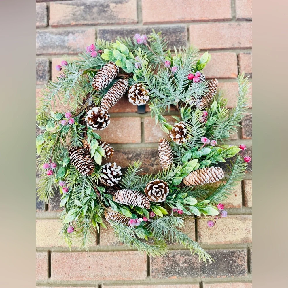 Frosty Cedar, Pinecone & Red Berry Wreath